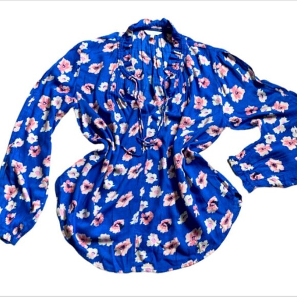 Lucky Brand Floral V-Neck/Tie-Neck Top Slit Shoulder Sz M Blue Pink 52G - Picture 1 of 12